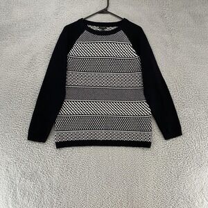 Talbots Sweater Womens Large Black White Geometric Raglan Lambswool Knit Pattern